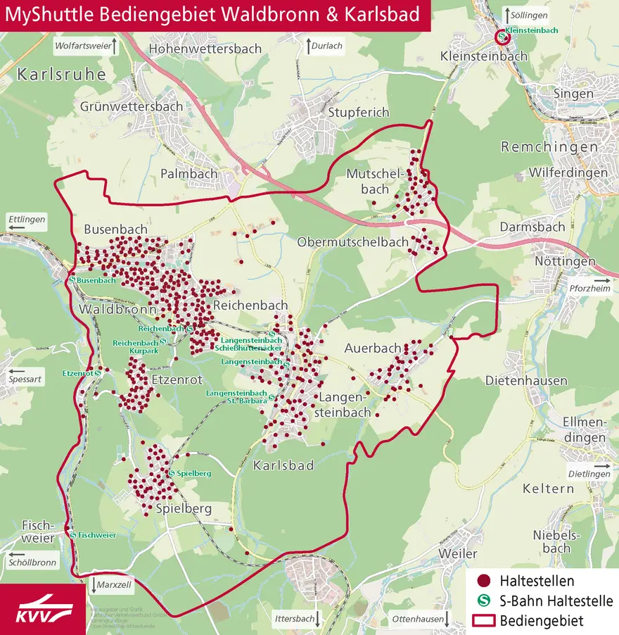 Übersichtskarte des KVV.MyShuttle-Bediengebiets Waldbronn und Karlsbad