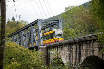 Eine AVG-Stadtbahn fährt über eine Brücke.