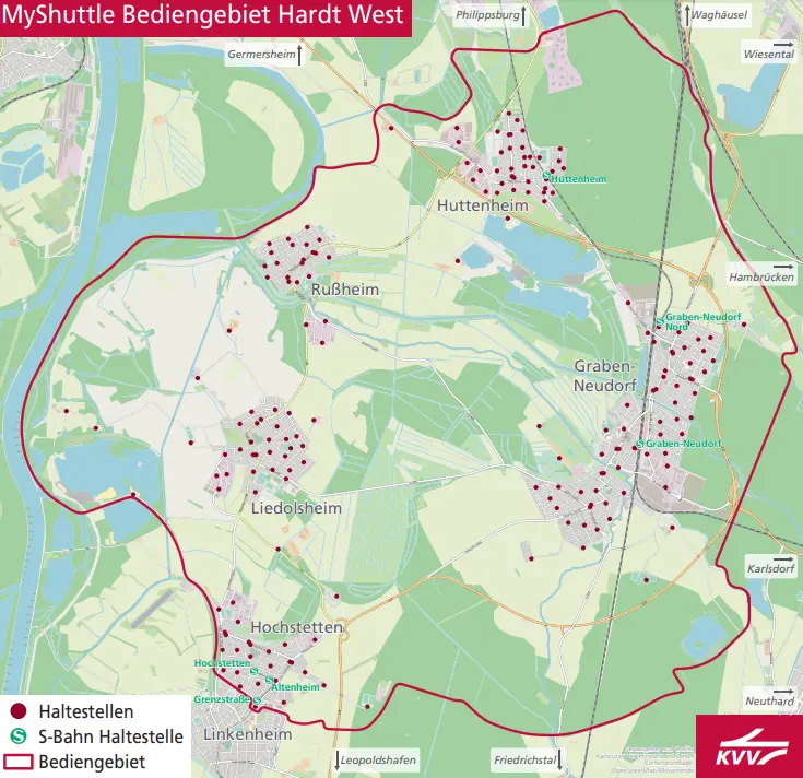 Diese geografische Karte zeichnet das gesamte Bediengebiet "Hardt West" für das KVVMyShuttle ab.