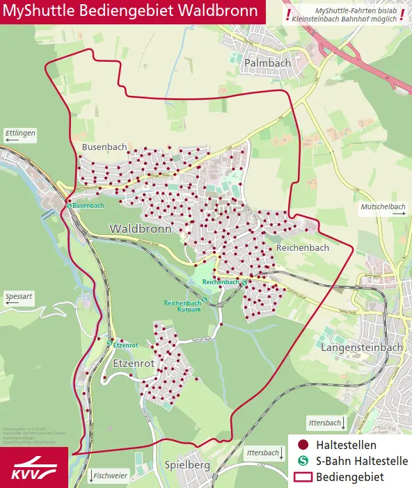 Diese geografische Karte zeichnet das gesamte Bediengebiet "Waldbronn" für das KVVMyShuttle ab.