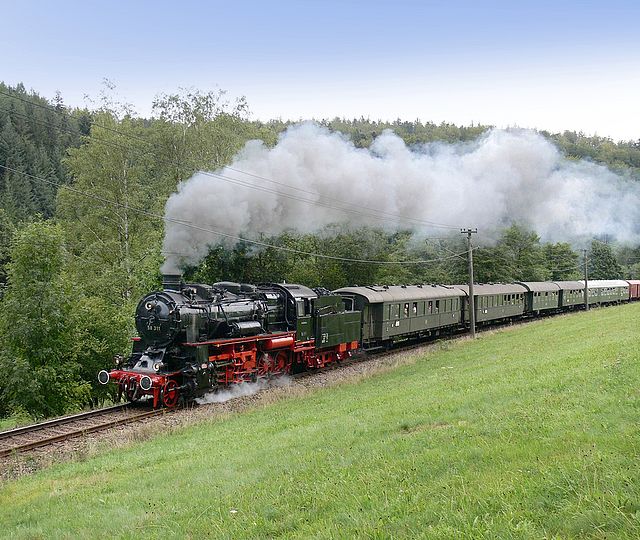 Ein schwarzer Dampfzug fährt zwischen Wald und Wiese.