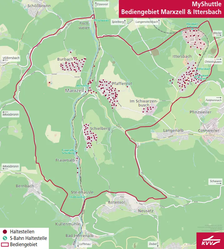 Diese geografische Karte zeichnet das gesamte Bediengebiet "Marxzell und Ittersbach" für das KVVMyShuttle ab.