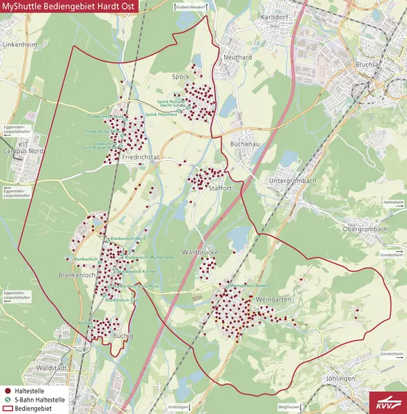 Diese geografische Karte zeichnet das gesamte Bediengebiet "Hardt Ost" für das KVVMyShuttle ab.