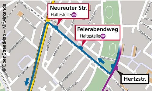 Stadtplan mit der Umleitungsroute der Buslinie 70