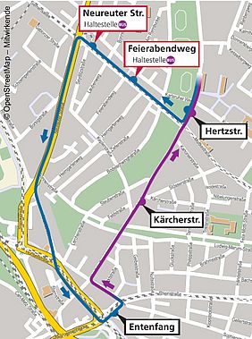 Stadtplan mit der Umleitungsroute der Buslinie 70