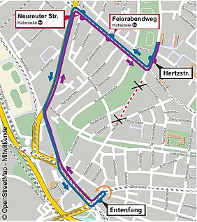 Bildausschnitt Stadtplan von Karlsruhe mit der Umleitungsroute der Buslinie 70 