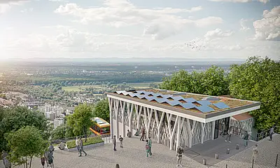 Die Visualisierung zeigt die neue Bergstation der Turmbergbahn.