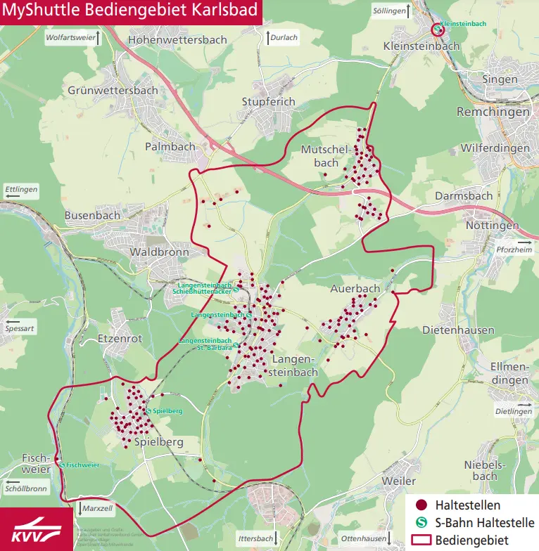 	Diese geografische Karte zeichnet das gesamte Bediengebiet "Karlsbad" für das KVVMyShuttle ab.