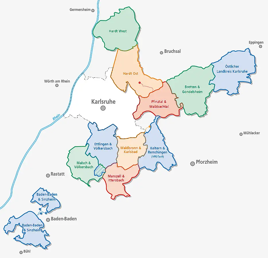 Übersichtskarte der KVV.MyShuttle-Bediengebiete