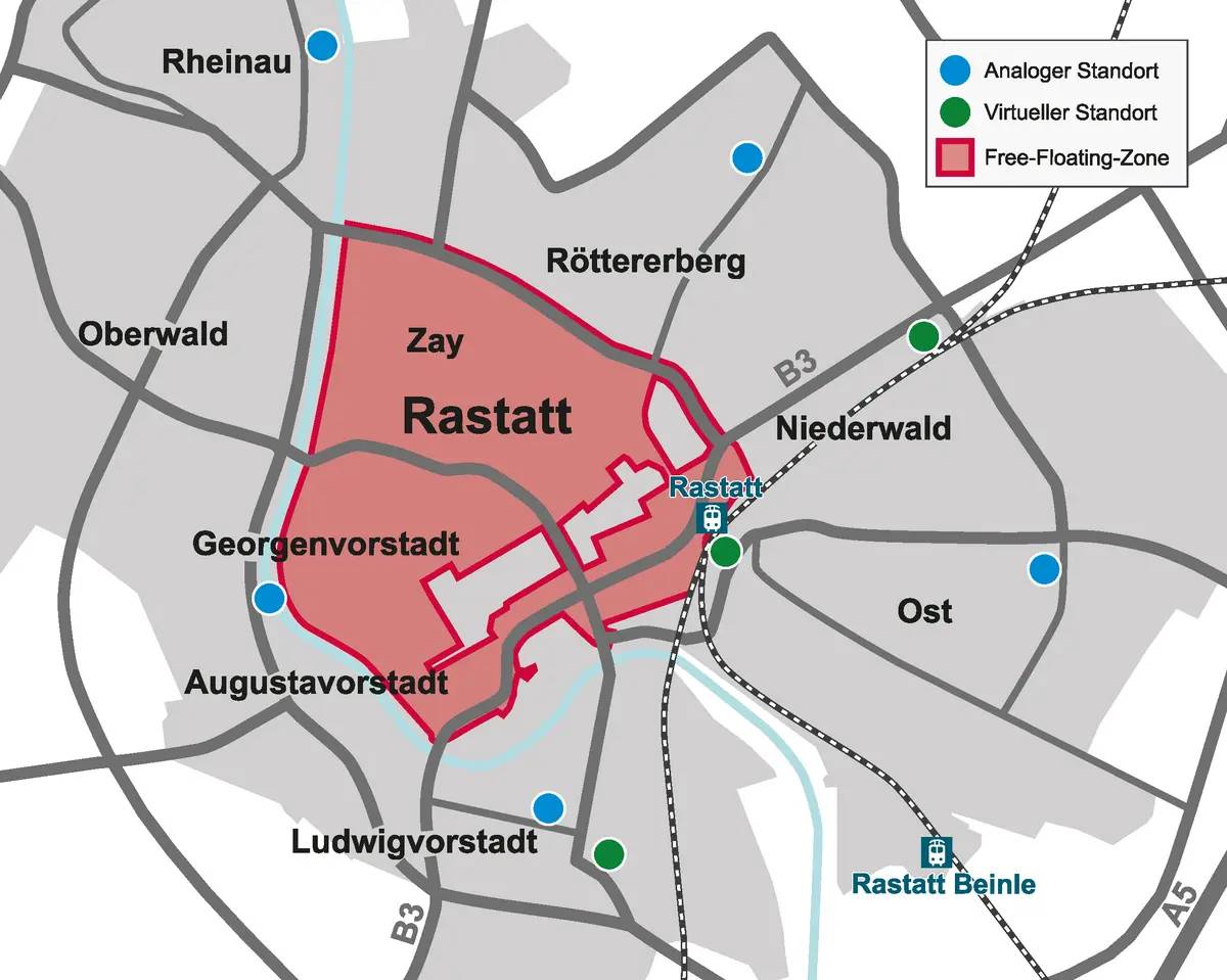 Das Bild zeigt die Karte der Flexzone Rastatt für das kvv.nextbike.