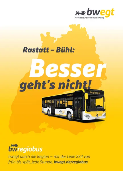 Plakatwerbung von bwegt zur Regiobuslinie X34.