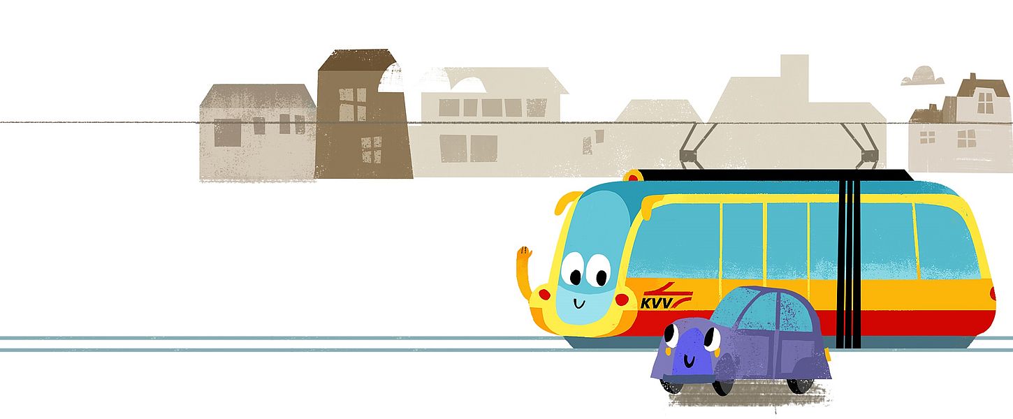 Die Illustration der KVV-Bahn lächelt eine Illustration eines Autos an und winkt. Das Auto lächelt zurück.