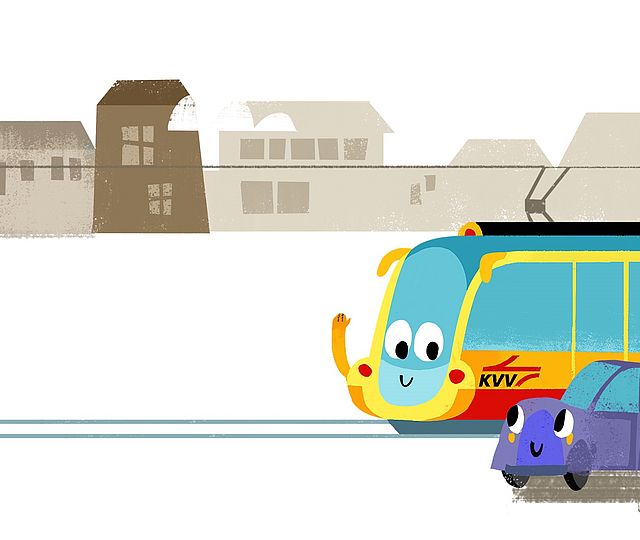 Die Illustration der KVV-Bahn lächelt eine Illustration eines Autos an und winkt. Das Auto lächelt zurück.