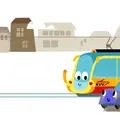 Die Illustration der KVV-Bahn lächelt eine Illustration eines Autos an und winkt. Das Auto lächelt zurück.