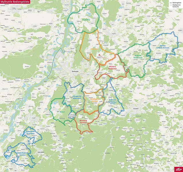Übersichtskarte der KVV.MyShuttle-Bediengebiete