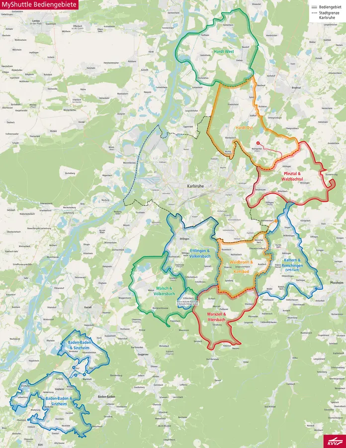 Übersichtskarte der KVV.MyShuttle-Bediengebiete