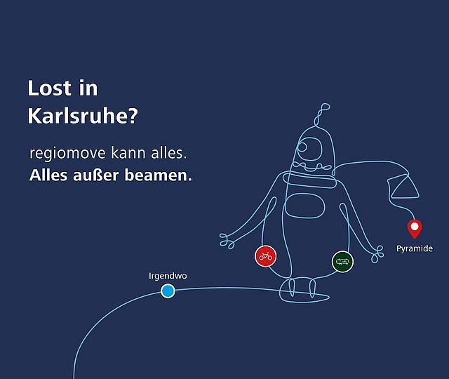 Weiße One-Line-Art Illustration eines Alien auf dunkelblauem Hintergrund. Folgender Hinweis ist zu sehen: Lost in Karlsruhe? regiomove kann alles. Alles außer beamen.
