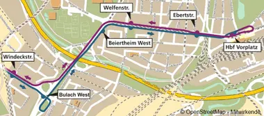 Stadtplan von Karlsruhe-Bulach mit der farblich markierten Umleitungsroute der Buslinie 50