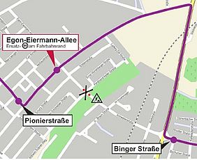 Stadtplan von karlsruhe-Knielingen mit der eingezeichneten Umleitungsroute der Buslinie 74