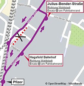 Stadtplan von Karlsruhe-Hagsfeld mit der Umleitungsroute der Buslinie 31