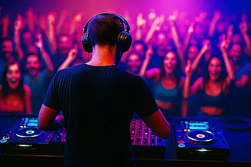 Ein DJ stejt an Plattentellern und legt Musik auf. Vor der Bühne tanzen Konzertbesucher*innen