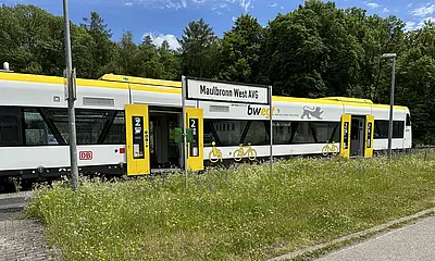 Seitliche Ansicht eines bwegt-Zuges in der Natur.