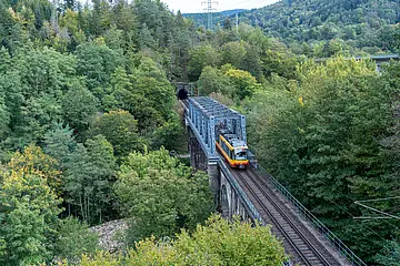 AVG-Stadtbahn fährt über eine Brücke.
