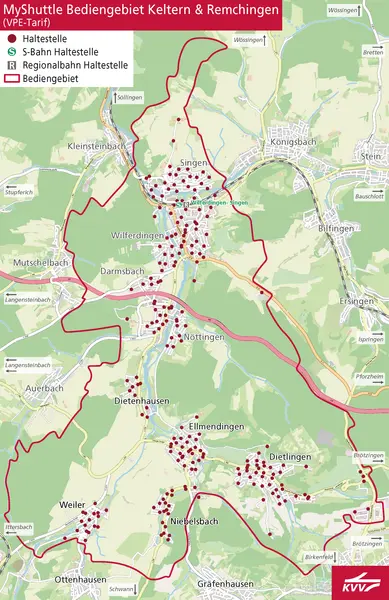 Diese geografische Karte zeichnet das gesamte Bediengebiet "Keltern und Remchingen" für das KVVMyShuttle ab.