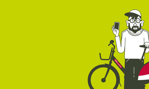 Comicfigur steht mit einem Nextbike vor einem grünen Hintergrund. In der Hand hält der Mann sein Smartphone.