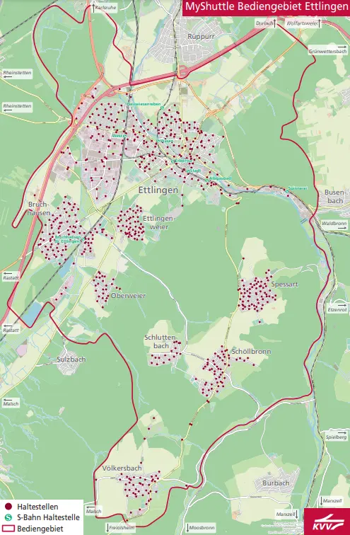 Diese geografische Karte zeichnet das gesamte Bediengebiet "Ettlingen und Völkersbach" für das KVVMyShuttle ab.