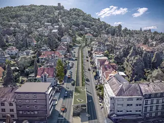 Visualisierung der verlängerten turmbergbahn aus der Vogelperspektive.