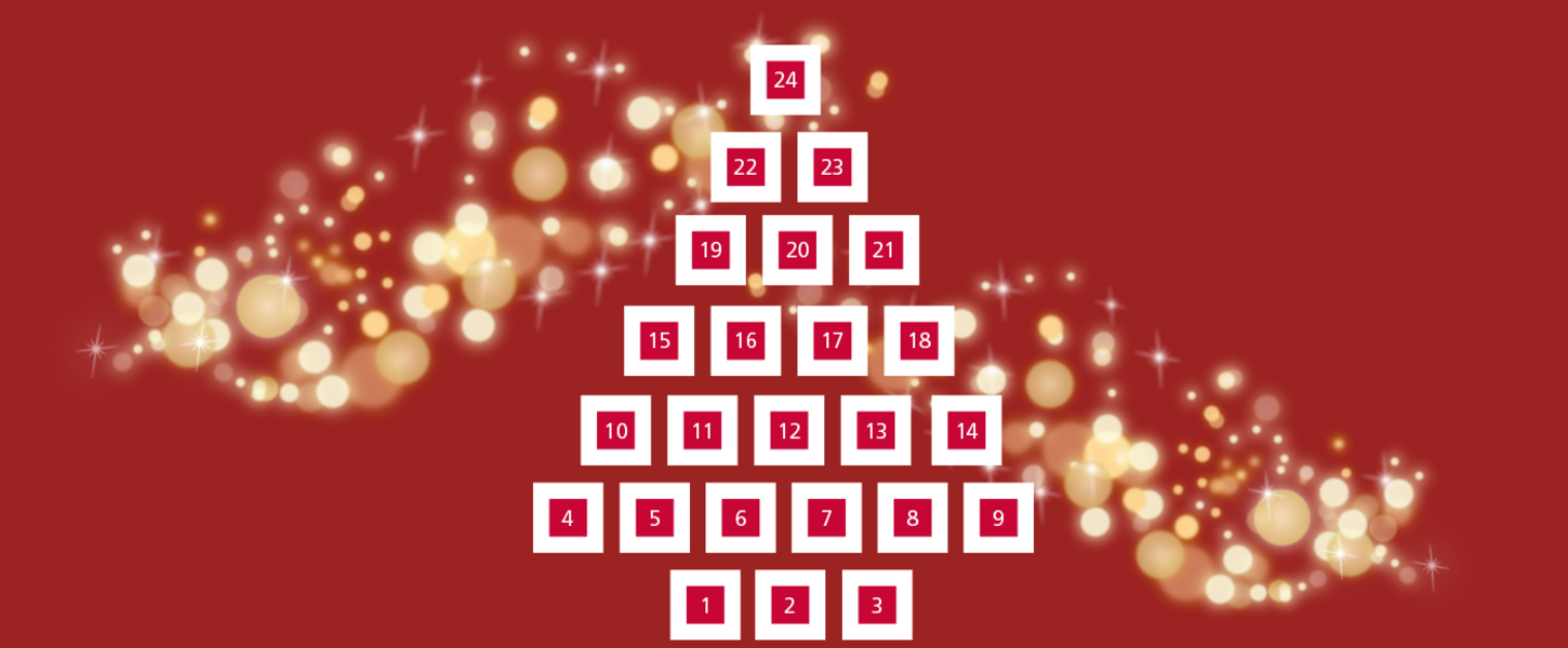 Ein roter Hintergrund mit funkelnden Lichtreflexionen. Darauf sind 24 Türchen, die in Form eines Christbaumes angeordnet sind.