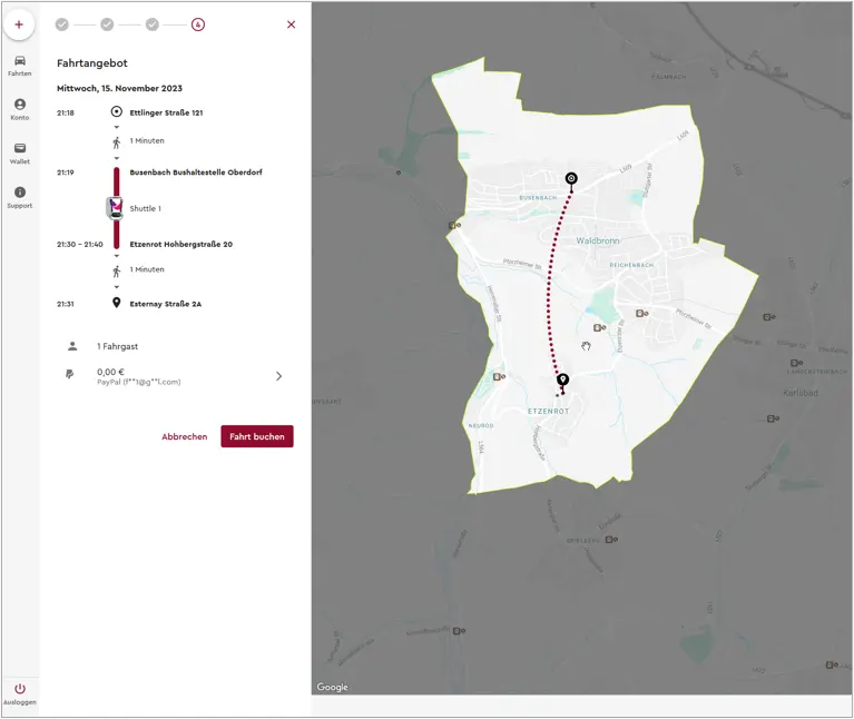 Auszug aus der Web-Buchung, die das Angebot von KVV.MyShuttle aufzeigt und über die dieses direkt gebucht werden kann.