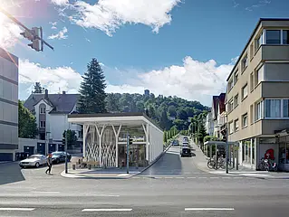 Visualisierung der neuen Turmbergbahn-Talstation 