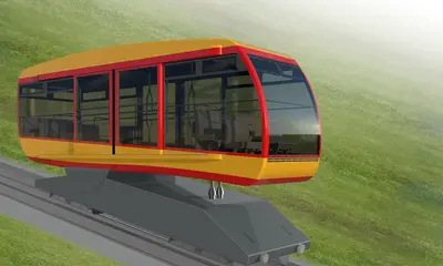 Visualisierung der neuen Turmbergbahn-Fahrzeuge in rot-gelben Farben