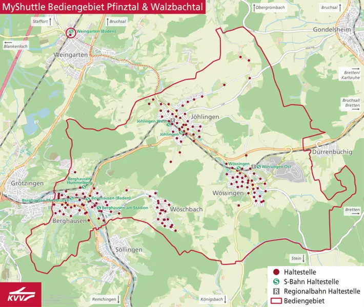 Karte vom MyShuttle-Gebiet Pfinztal und Walzbachtal